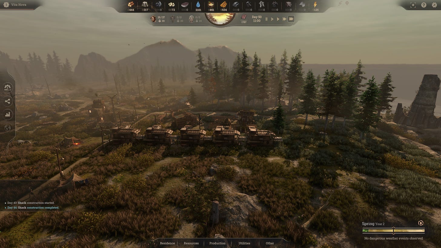 A screenshot of the game New Cycle in Early Access, showing a settlement in the early stages on a sunny day against the forest. The chiaroscuro shadow effects are notable.