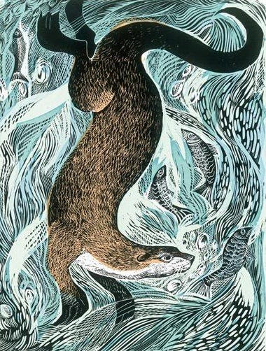 A lino cut of an otter swimming in a stylised sea, with fish swimming around them.