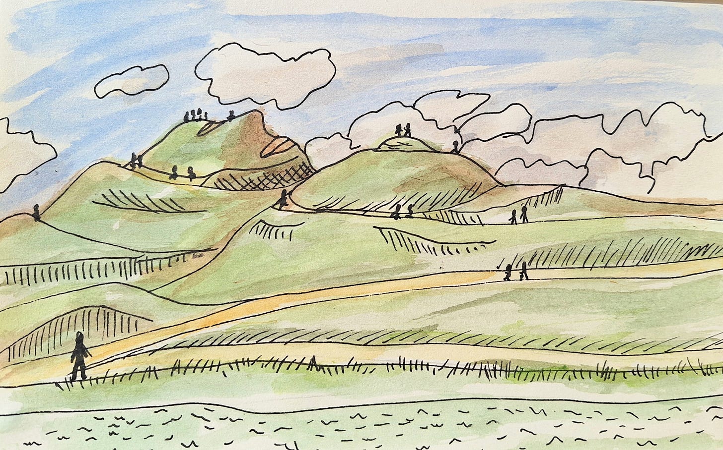 Pen and watercolour sketch of Northumberlandia park in the UK.  tick figures walking around a countour of a woman, made from mine slag heaps.