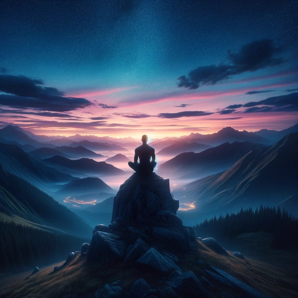 Create an image depicting a moment of profound contemplation and introspection. Visualize a solitary figure seated atop a mountain, overlooking a vast, breathtaking landscape under the twilight sky. This figure represents deep self-reflection and connection with nature, symbolizing the journey of inner discovery and the tranquility of mind. The scene should capture the essence of tranquility, with the surrounding nature reflecting a state of peacefulness and grandeur, encouraging the viewer to feel the depth of contemplation and the importance of self-awareness. The atmosphere should convey a sense of solitude and introspection, highlighting the beauty of quietude and the power of personal reflection.