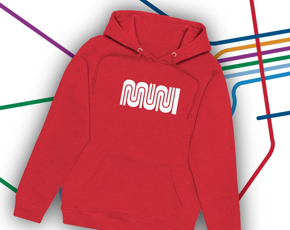 Red sweatshirt with Muni worm with background of Metro line map