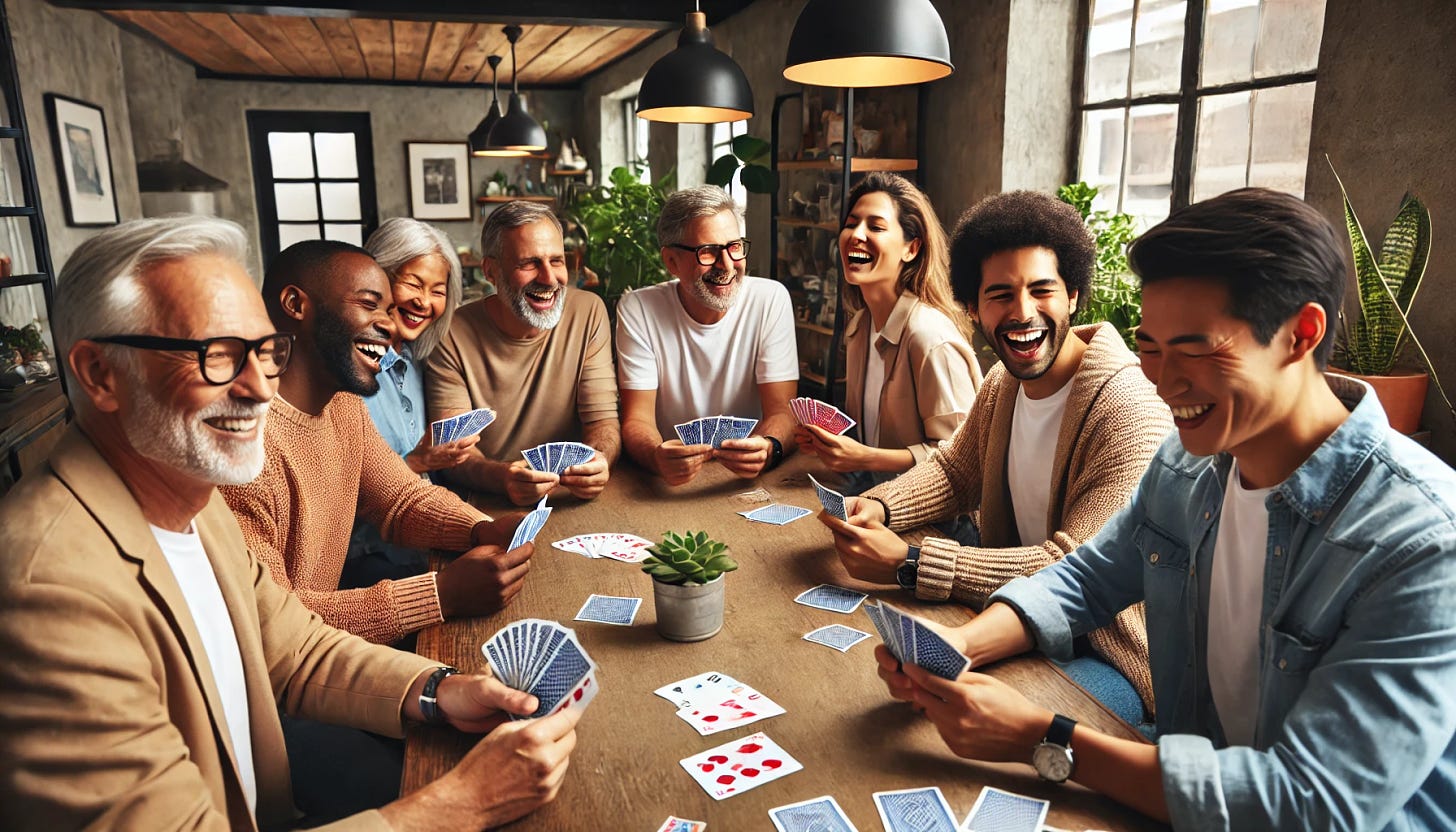 Group of diverse people playing cards. Image made with AI.