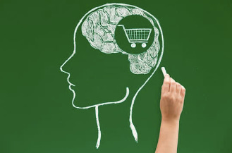 A hand drawing a person with a shopping cart in their brain