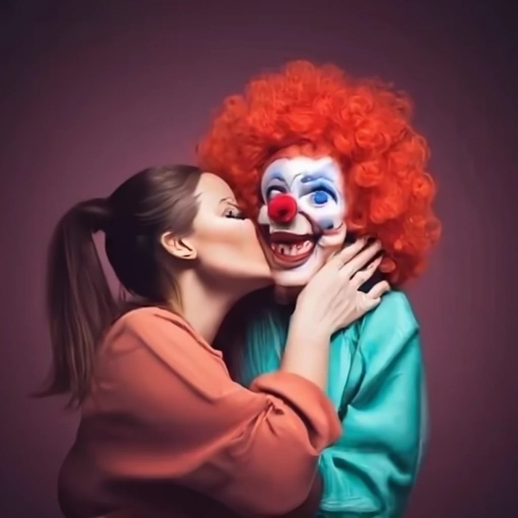 Woman kissing and making out with a clown