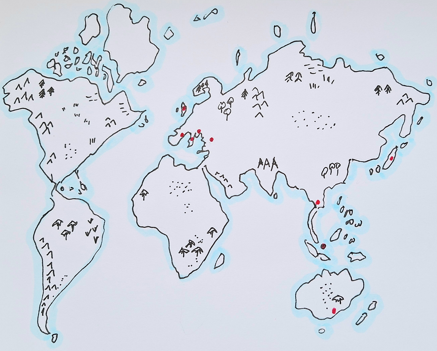 Cartoon map of the world.  Red dots mark the places where Lis has lived.