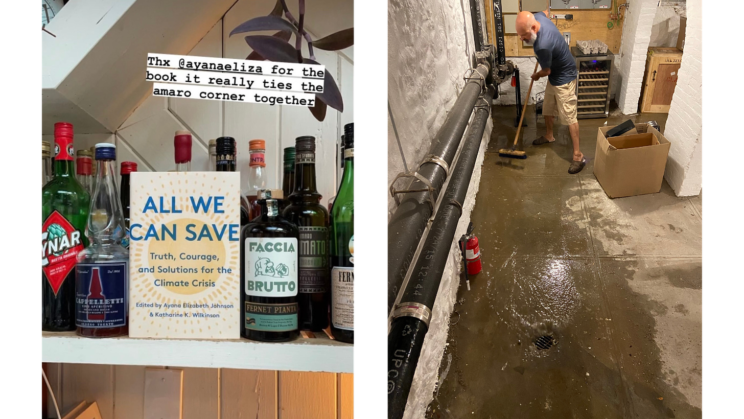 Left: A screenshot from social media. “All We Can Save” is on a shelf among various bottles of liqueur including amaretto. Text on the photo reads, “Thx @ayanaeliza for the book it really ties the amaro corner together” Right: David Cross stands in a flooding basement sweeping water toward a drain in the floor.