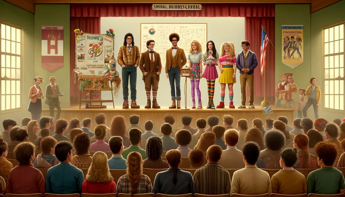A whimsical scene depicting a group of nerds, dressed in colorful and eclectic outfits, standing confidently in front of a large group of their peers in a school auditorium. The nerds are a diverse group, including a tall, skinny one with glasses, a shorter, curvier one with braided hair, and others displaying a mix of ethnic backgrounds. They are presenting a project with a large poster and a model, both detailed and scientific. The audience, varied in appearance, watches with interest and growing respect. The setting has banners and school spirit decorations, reminiscent of a high school from the 1980s.