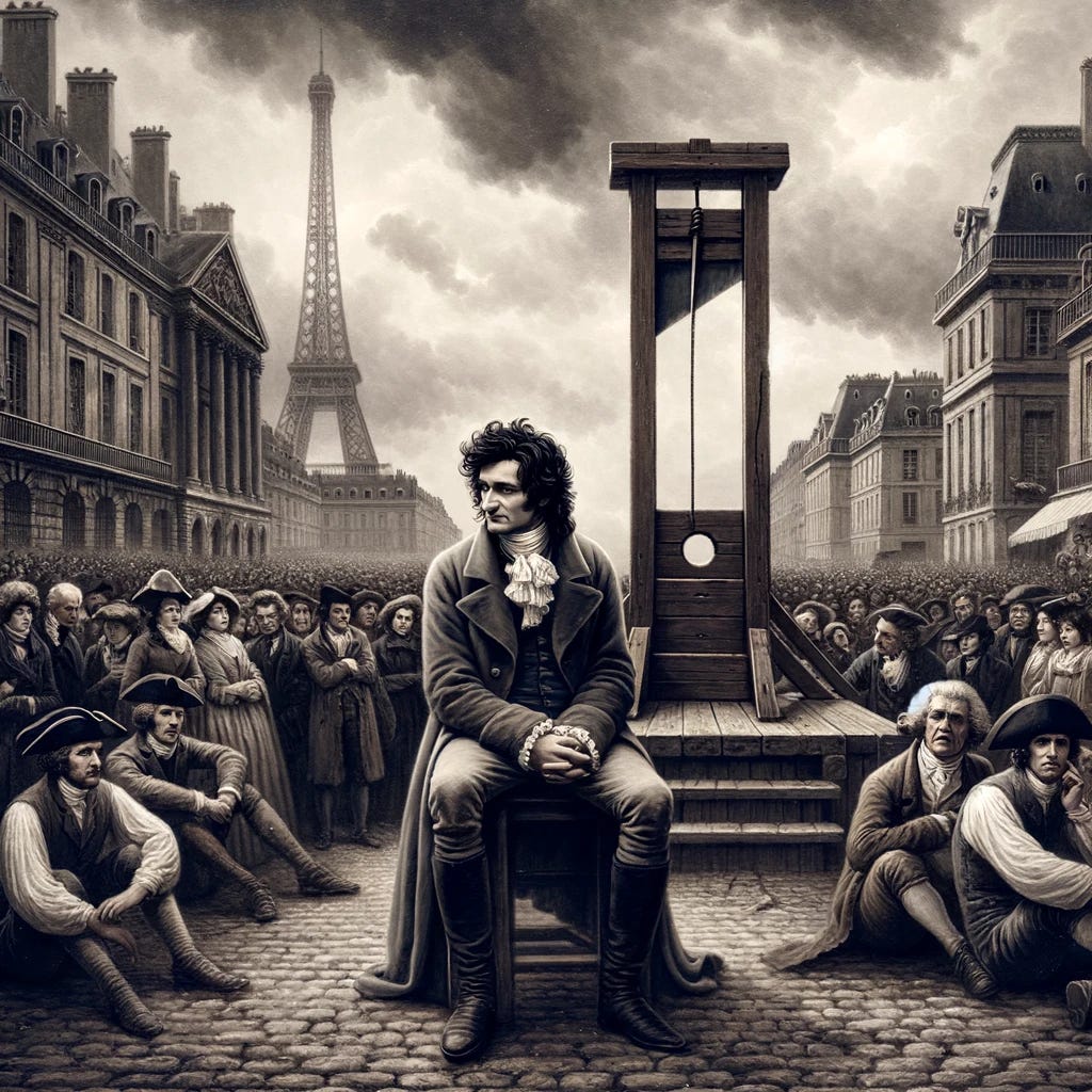 Antoine Lavoisier's execution during the French Revolution, set in an outdoor public square in Paris, without the Eiffel Tower. The scene depicts Lavoisier in period attire, reflective and somber, near a guillotine. The crowd around him shows mixed expressions, some somber, some angry, capturing the public's diverse reactions. The background includes other period-appropriate architecture, enhancing the historical context of the turbulent era. The atmosphere is tense and dramatic, under a cloudy sky, emphasizing the gravity of the moment.