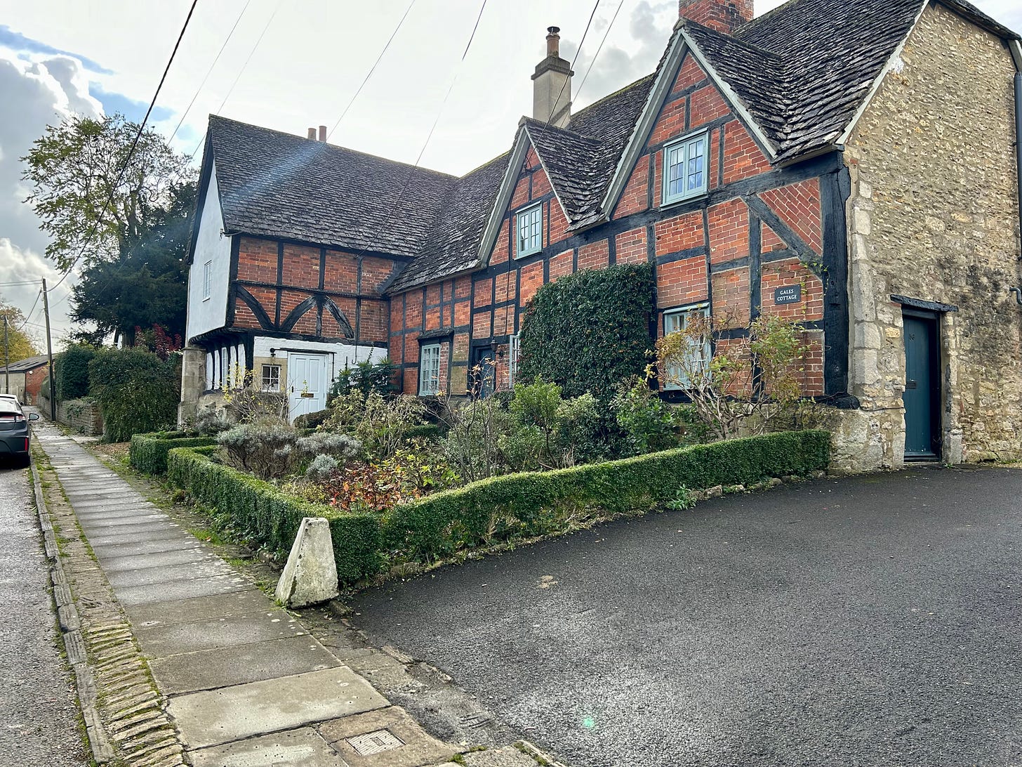 Gales Cottage, High Street, Steeple Ashton, Wiltshire. A timber-framed house with red brick infill. It is one of the many very old houses in this beautiful village. Image: Roland’s Travels