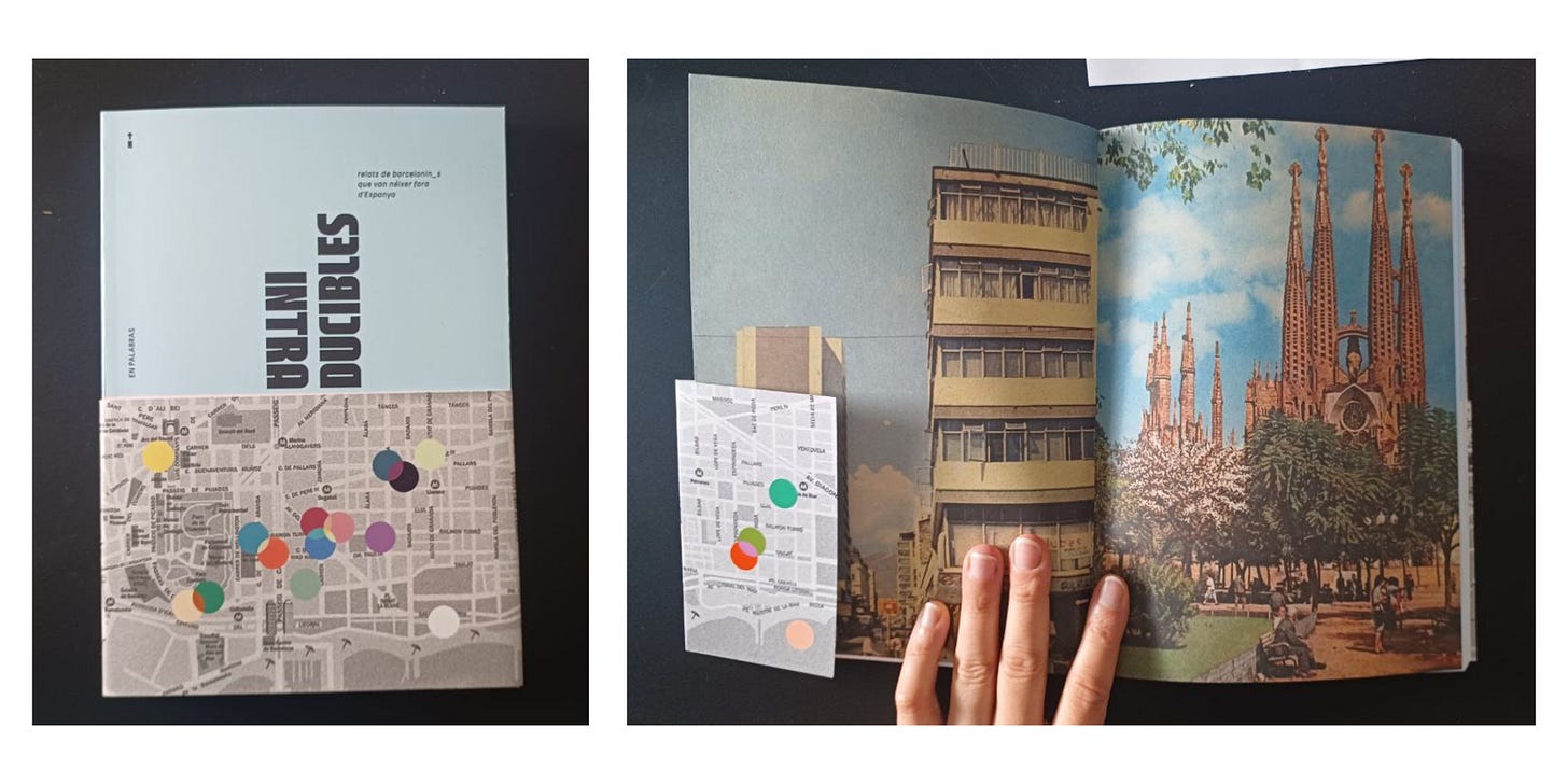 Fotografia composta da due immagini affiancate. A sinistra, la copertina del libro Intraducibles di En Palabras. La parte superiore è azzurra con il titolo stampato in verticale in nero, e la parte inferiore è coperta dalla fascetta con una mappa stilizzata di Barcellona e diversi punti colorati. A destra, l’interno del libro aperto mostra due pagine: sulla sinistra una fotografia di un edificio moderno in stile razionalista, e sulla destra un’immagine d’epoca della Sagrada Família con un cielo azzurro e alberi in fiore. La mia mano tiene aperto il libro. Fotografia composta da due immagini affiancate. A sinistra, la copertina del libro Intraducibles di En Palabras. La parte superiore è azzurra con il titolo stampato in verticale in nero, e la parte inferiore è coperta dalla fascetta con una mappa stilizzata di Barcellona e diversi punti colorati. A destra, l’interno del libro aperto mostra due pagine: sulla sinistra una fotografia di un edificio moderno in stile razionalista, e sulla destra un’immagine d’epoca della Sagrada Família con un cielo azzurro e alberi in fiore. La mia mano tiene aperto il libro.