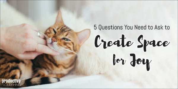 Cat being pet against a furry blanket. Text overlay: 5 Questions You Need to Ask to Create Space for Joy