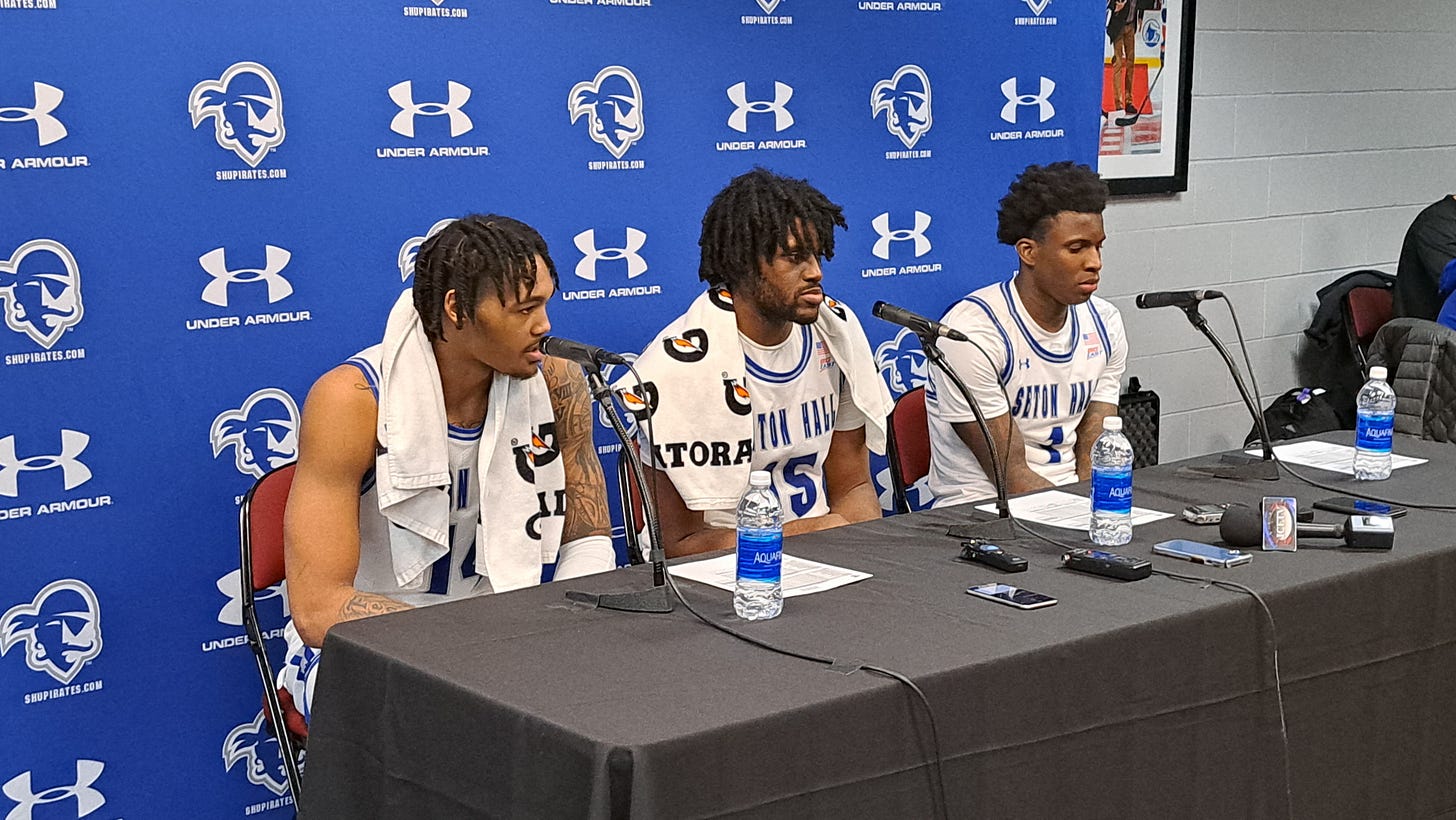 From left to right, Dre Davis, Jaden Bediako and Kadary Richmond speak to reporters after Seton Hall upset No. 5 UConn 75-60 on Dec. 20, 2023. (Photo by Adam Zielonka)