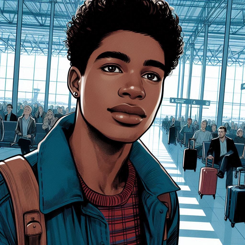 a young dark-skinned gay man arriving at an airport, book cover drawing