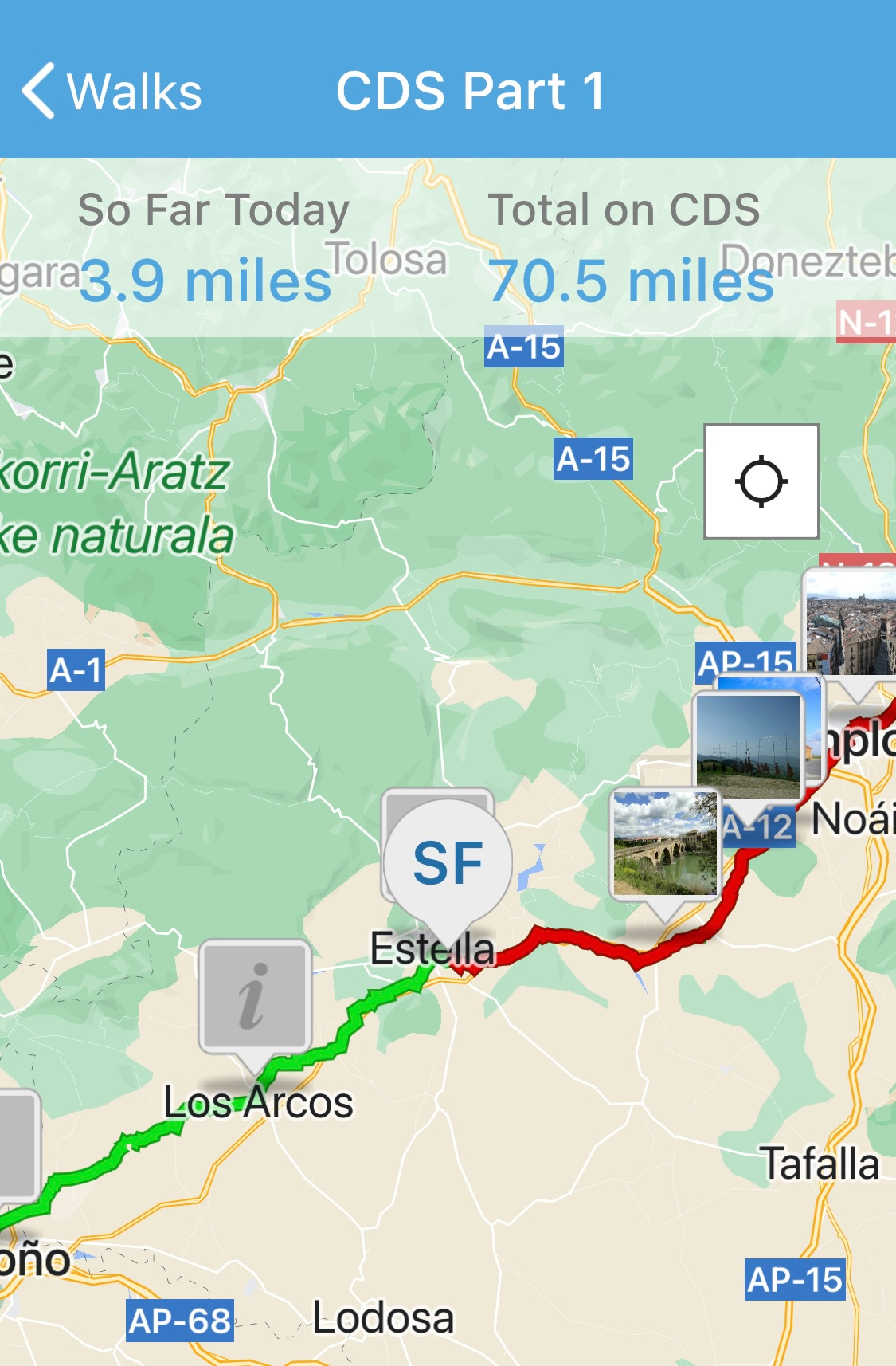 Screengrab from the Walk the Distance virtual walking app showing a map of the Camino de Santiago