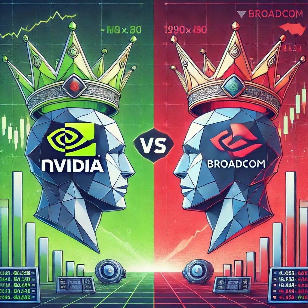 A financial pop-art style illustration depicting the rivalry between Nvidia and Broadcom for AI dominance. The image focuses on two high-tech AI crowns, one representing Nvidia in vibrant green and the other Broadcom in bold red, positioned above a financial battlefield. The background features stock charts, bar graphs, and economic data showcasing the competitive race for artificial intelligence leadership. Subtle integration of Nvidia and Broadcom logos into the crowns adds corporate branding. The scene is clean, professional, and visually impactful, aligning with financial news aesthetics, with bold lines and a balanced, well-organized composition. Format: 16:9, 1920x1080 resolution.