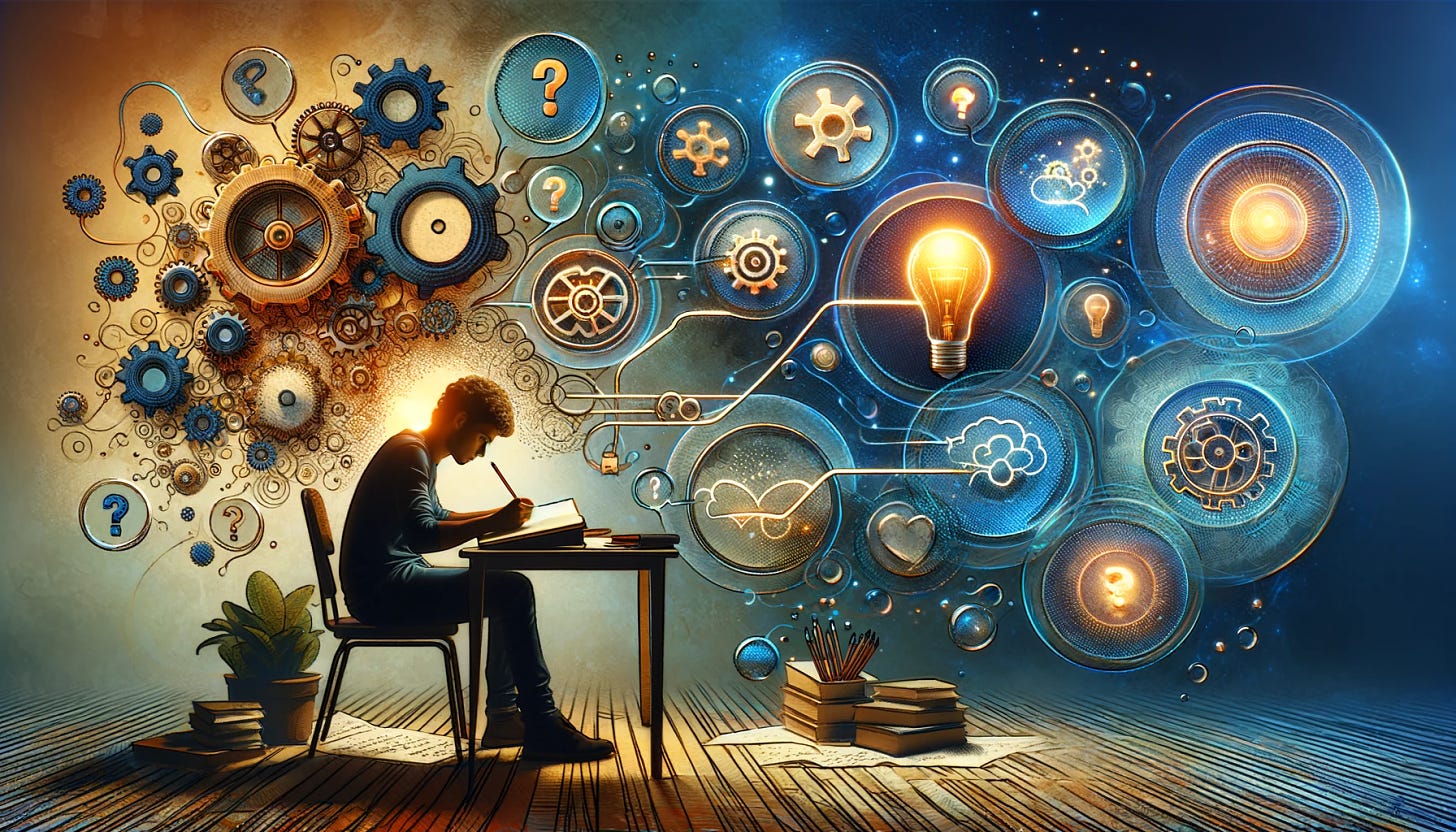 An abstract representation of the concept that writing helps to think in a feedback loop, in a 2:1 aspect ratio. The image should illustrate a person of South Asian descent sitting at a desk, deeply immersed in writing in a notebook. Surrounding the person, there are thought bubbles containing various symbols like gears, light bulbs, and question marks, symbolizing the thinking process. These thought bubbles should be visually connected to the writing in the notebook, creating a continuous loop. The setting is a cozy, dimly-lit room, suggesting a quiet and introspective atmosphere.