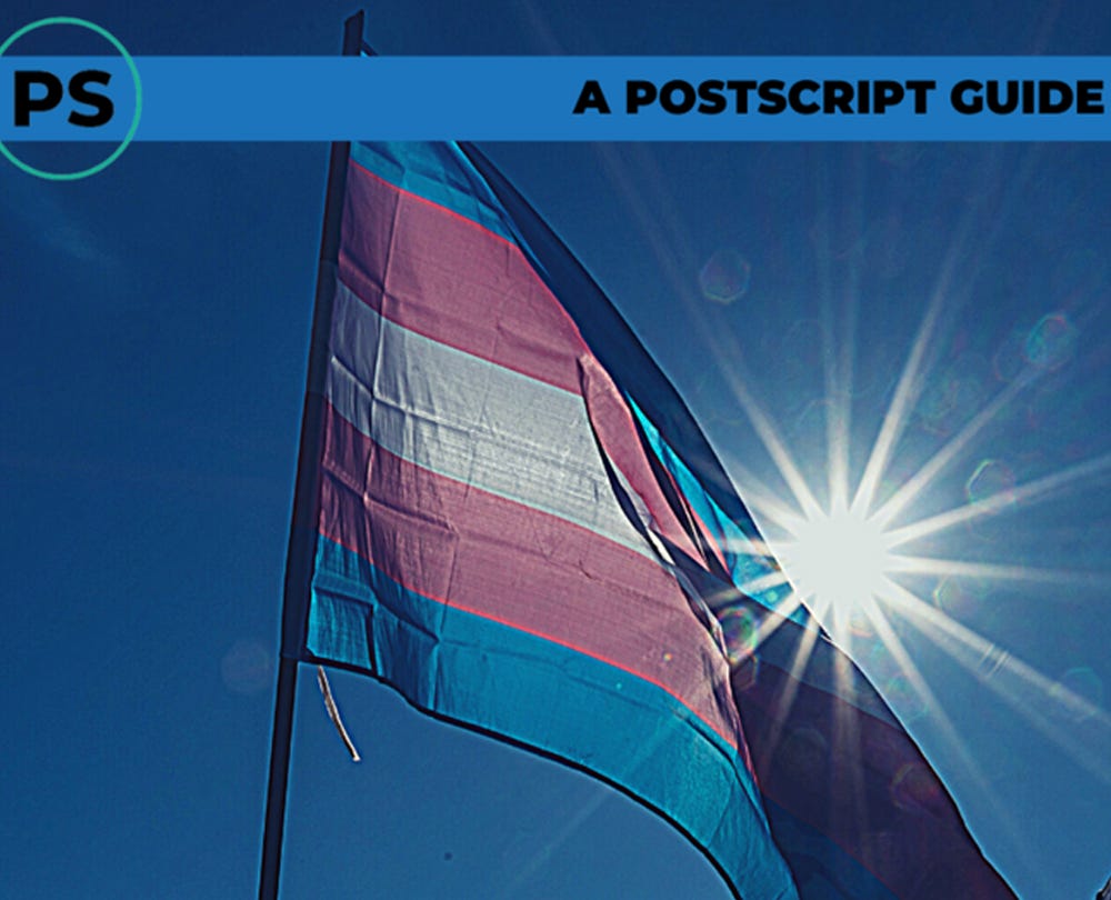 Photo of the trans flag with the words "A Postscript Guide"