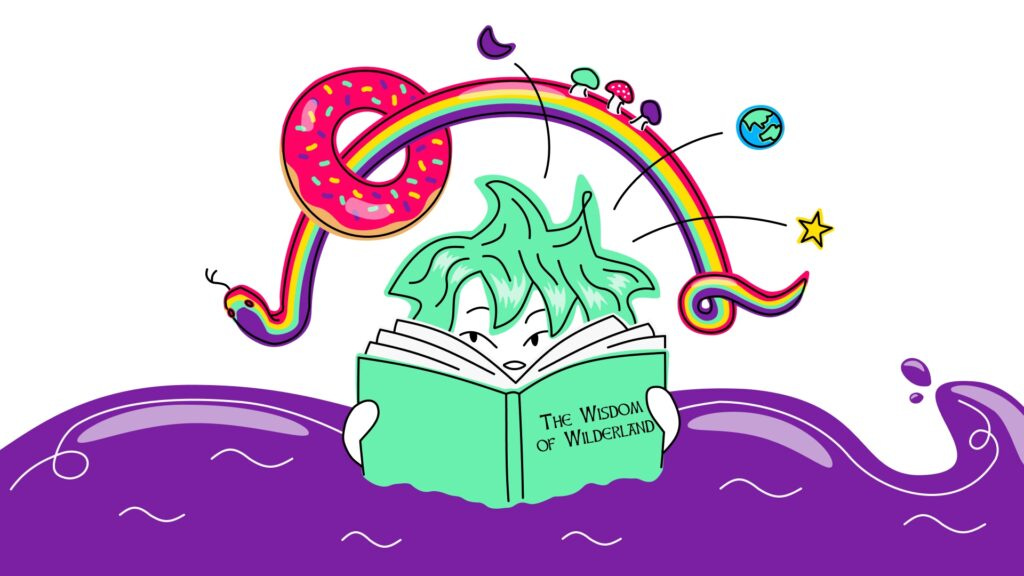 Illustration of Alice reading the book The Wisdom of Wilderland while immersed in purple water, with a rainbow serpent and other symbols floating above her head.