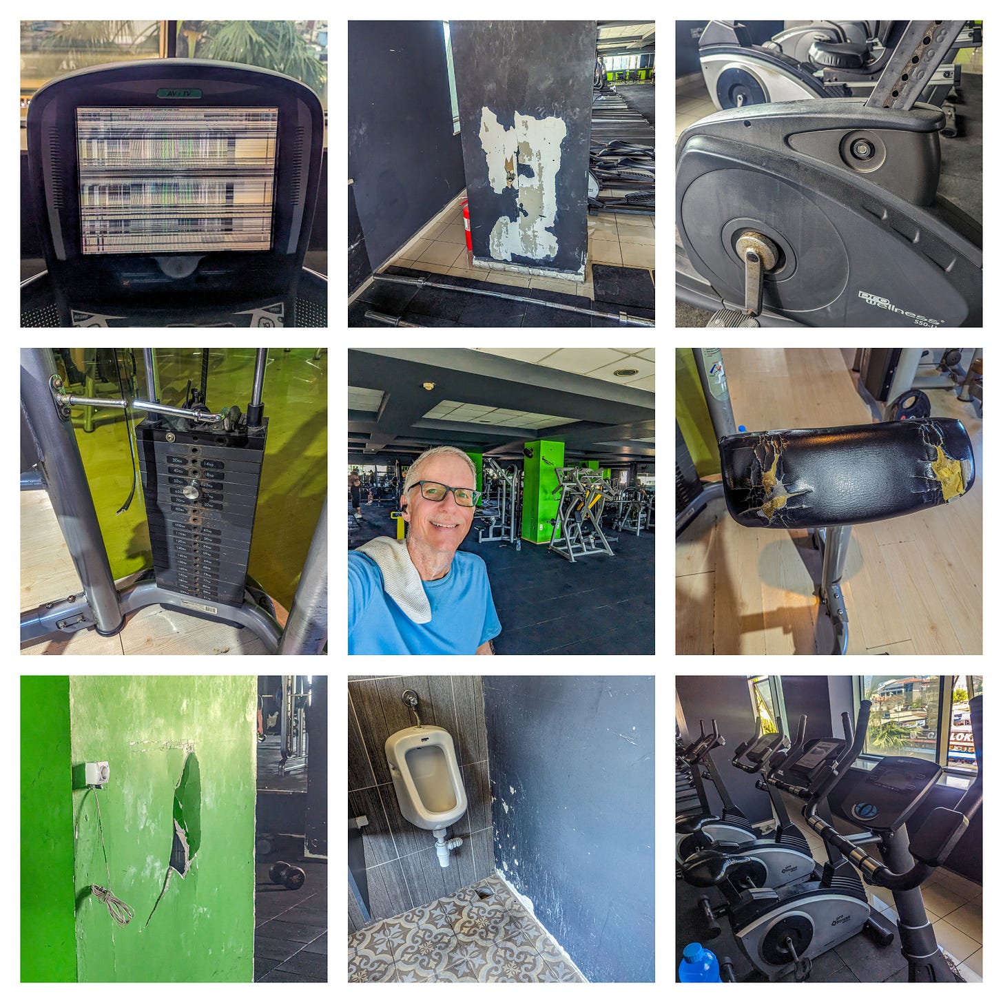 Collage of broken exercise equipment, holes in walls, protruding wires. and me smiling. 