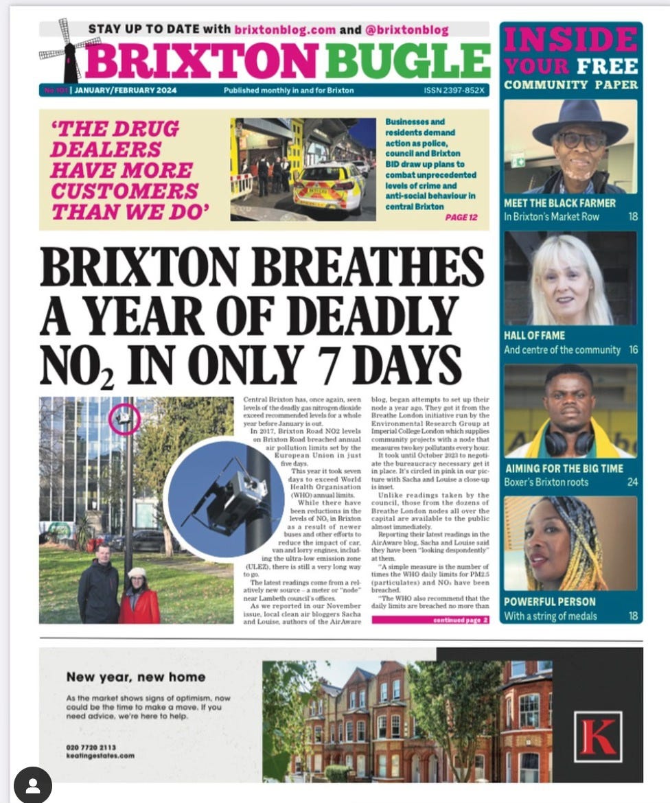 Front page of Brixton Bugle covering our NO2 story