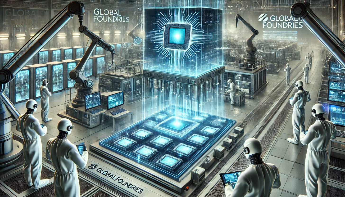 A 16:9 futuristic illustration showcasing GlobalFoundries' advanced chip manufacturing. The scene features a high-tech semiconductor fabrication facility with glowing silicon wafers being processed by robotic arms. Engineers in cleanroom suits oversee production as holographic displays show real-time chip metrics and efficiency data. The GlobalFoundries logo is prominently displayed on advanced chip packaging and equipment. The background includes a sleek industrial setting with interconnected data streams, symbolizing the company's role in global semiconductor supply and innovation.
