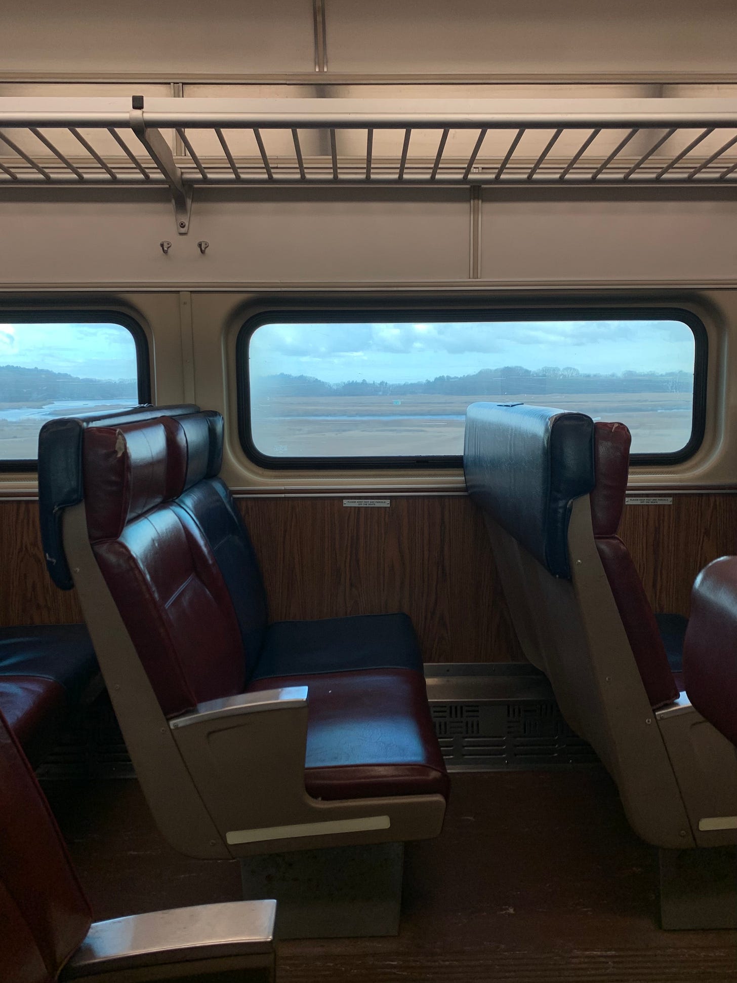 Empty seats, maroon and blue and leather, in a train car. Out the window is a coastal new england marsh in winter.