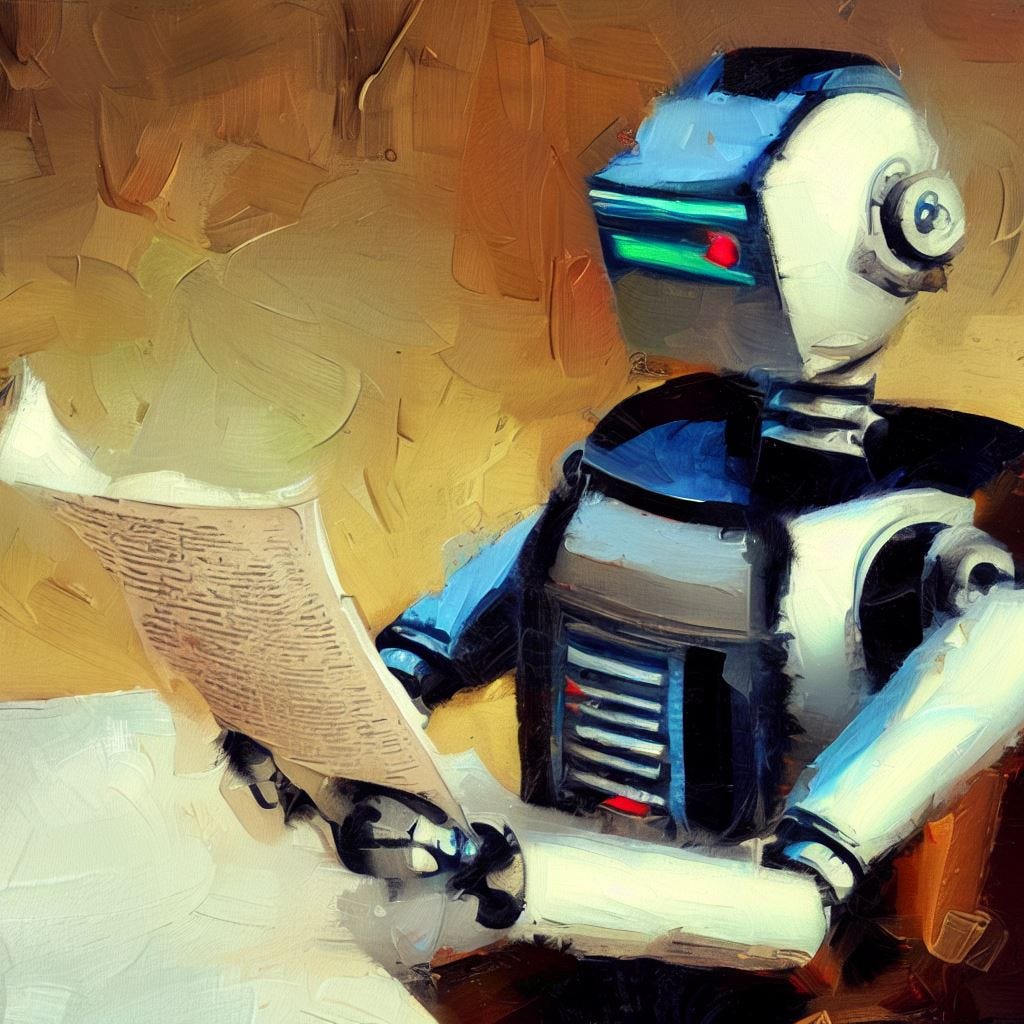 A robot reading a newspaper oil painting