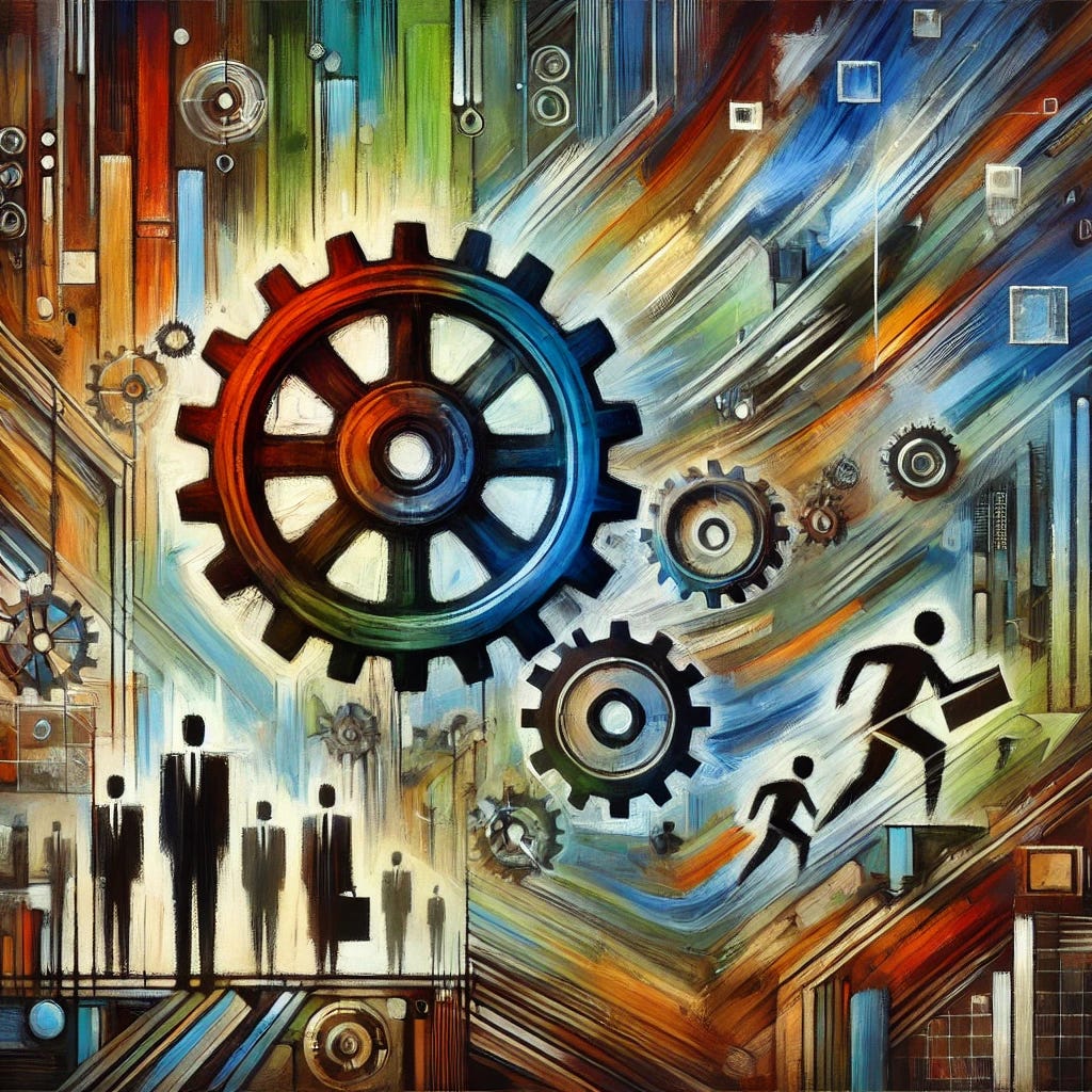 An abstract painting representing technological disruption in the labor market. The image features a large, stylized gear with vibrant colors, symbolizing the mechanization of jobs. Surrounding the gear are abstract, shifting human figures blending into digital shapes, representing the transformation of employment. The background consists of dynamic brushstrokes in shades of green, blue, brown, and black, evoking a sense of change and movement. The composition is balanced, with the gear as the focal point, and the overall aesthetic conveys both disruption and harmony.