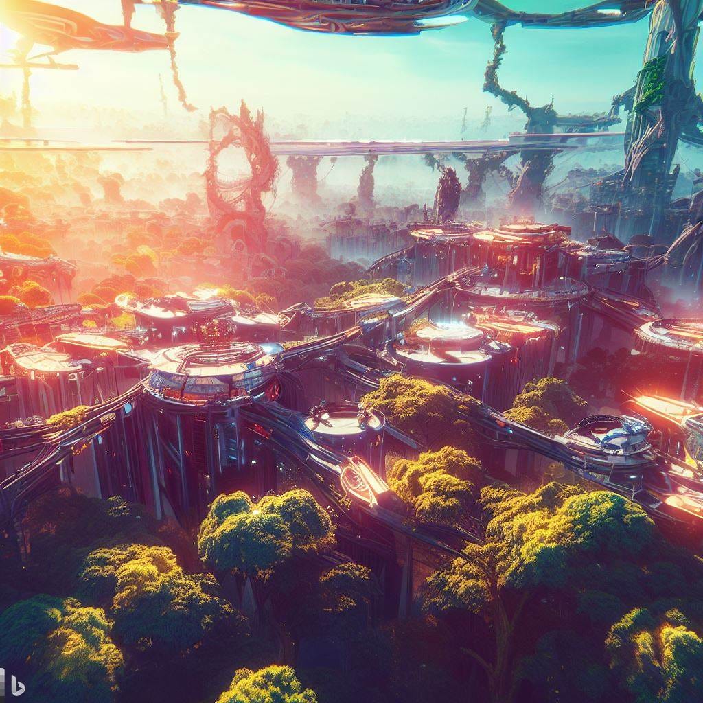 A bustling solarpunk metropolis that hovers above a vast expanse of alien forest. Experiment with aerial photography to capture the sprawling cityscape from above, showcasing the interconnected structures and vegetation. Play with vibrant and naturl lighting to enhance the futuristic and alive vibe. Focus on capturing the energy and activity of the alien inhabitants. 