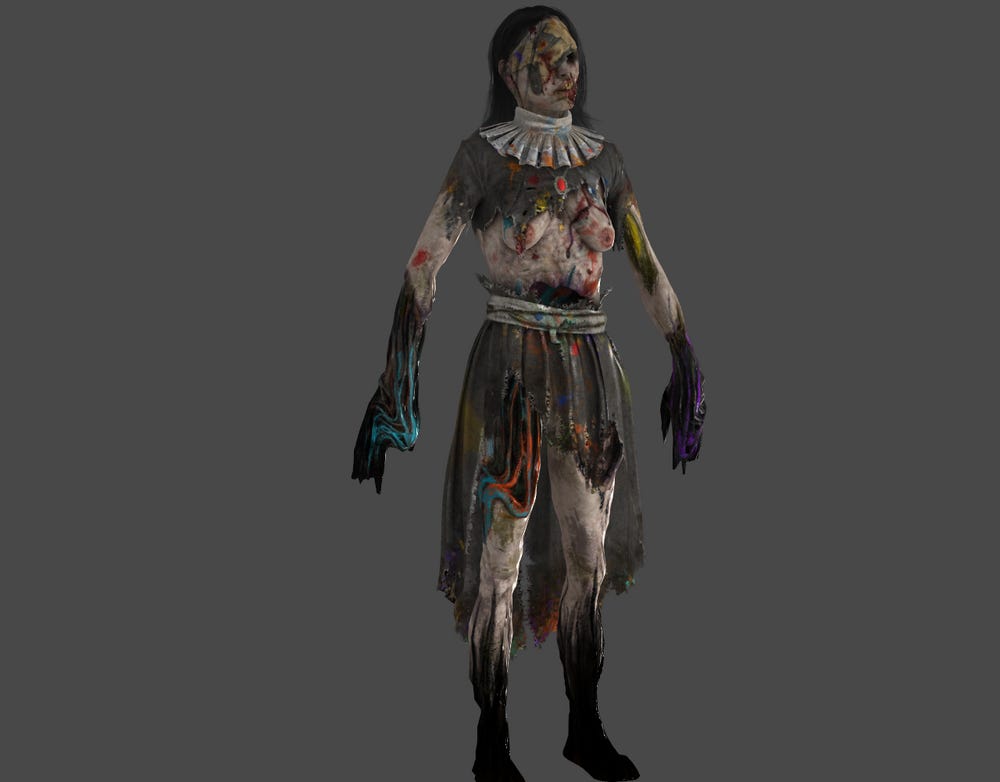 The character model for the wife's ghost form in Layers of Fear. She's covered in blobs of paint like a half-formed artistic representation, only for some reason she literally does not have a front to her shirt, her breasts are just OUT THERE in the wind.