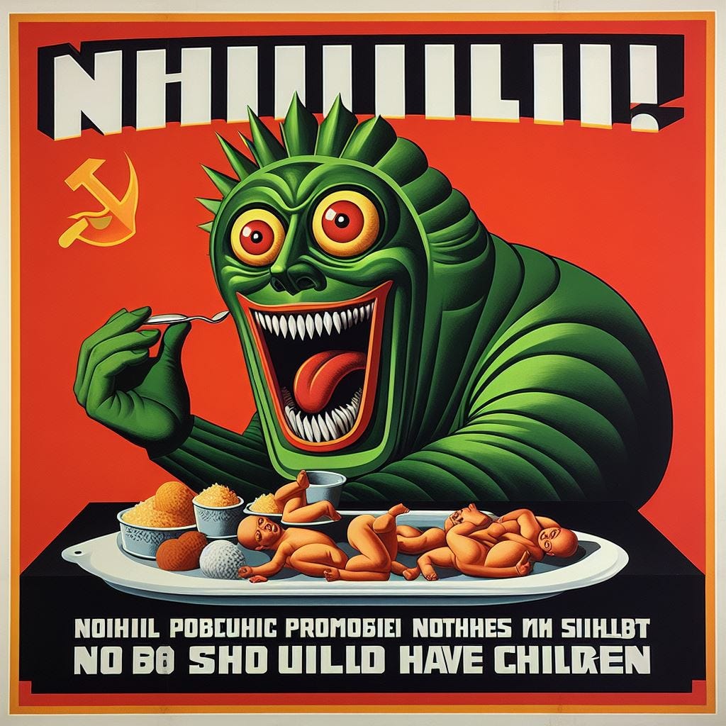 soviet style kitschy propaganda promoting nihilism and promoting the idea that no one should have children