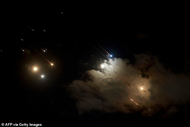 Iranian launched projectiles being intercepted by Israel above Jerusalem on October 1