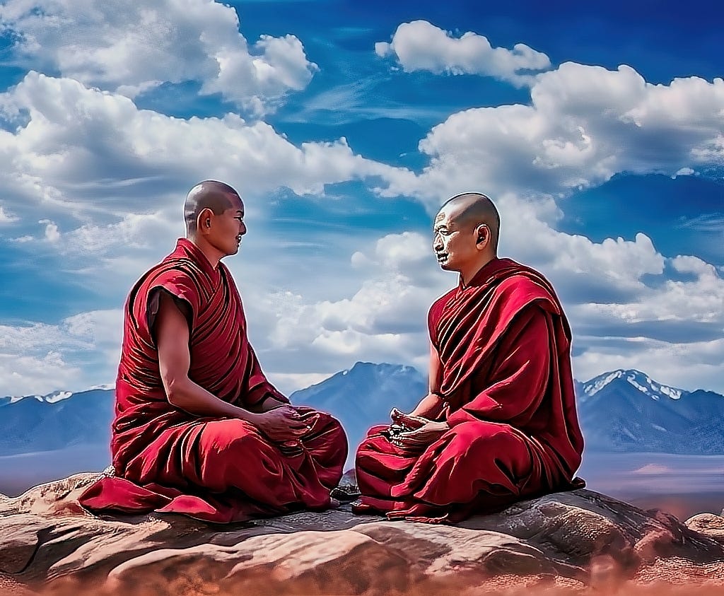 AI-generated image of two monks seated and facing each other