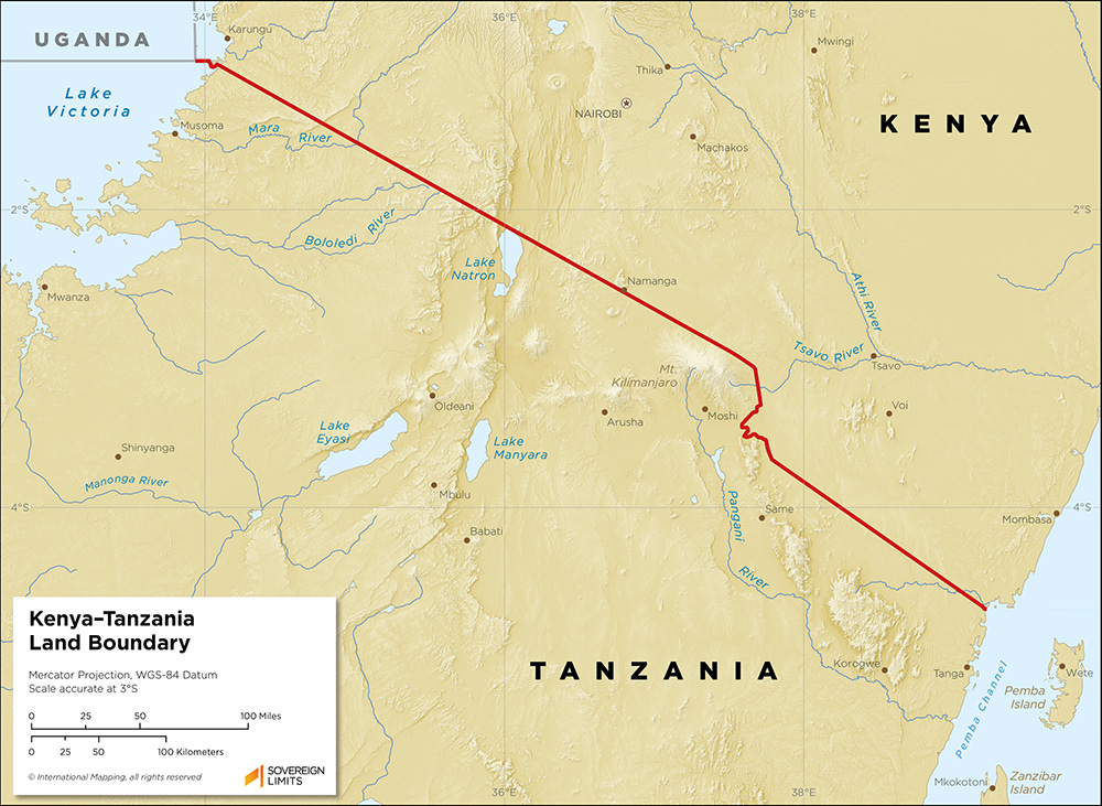 Map showing the land boundary between Kenya and Tanzania