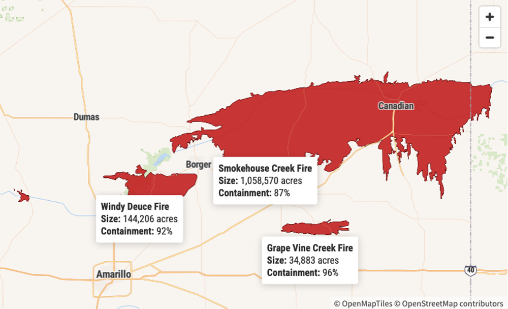 Map of three fires: Smokehouse Creek 1,058,570 acres burned, Windy Deuce 144,206 acres burned, Grape Vine Creek, 34,883 acres burned.