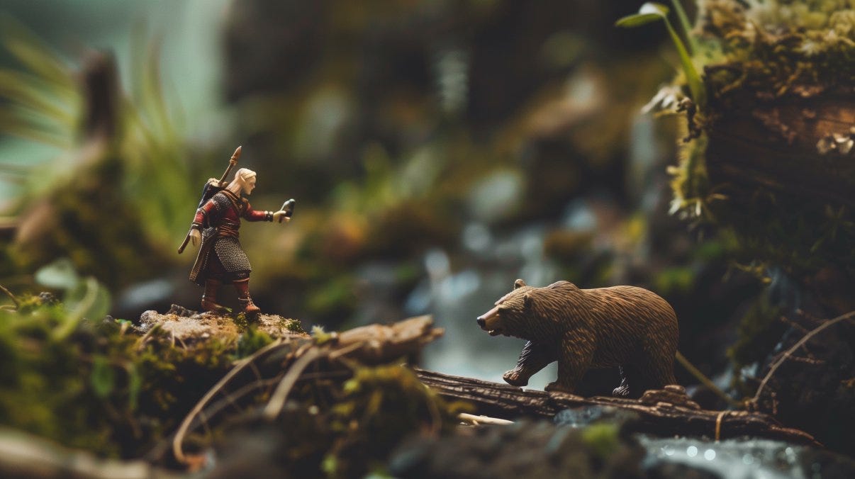 miniature tilt shift photography | an elf healing a bear | dungeons and dragons forest model background | realistic --s 60 --style raw --ar 16:9 --v 6.0