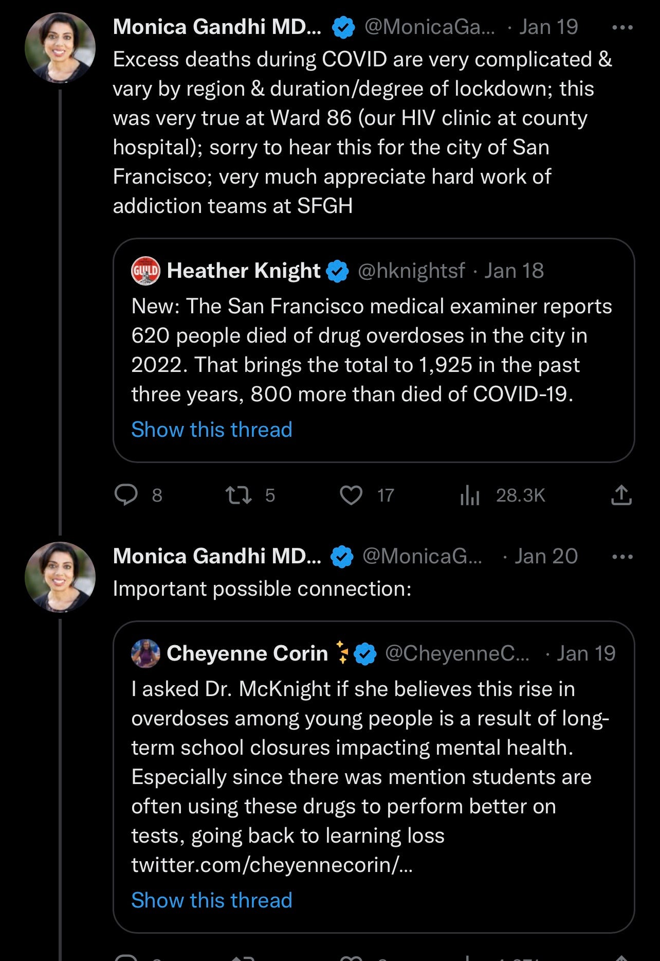two monica gandhi tweets blaiming COVID protections and drug overdoses instead of COVID for excess deaths
