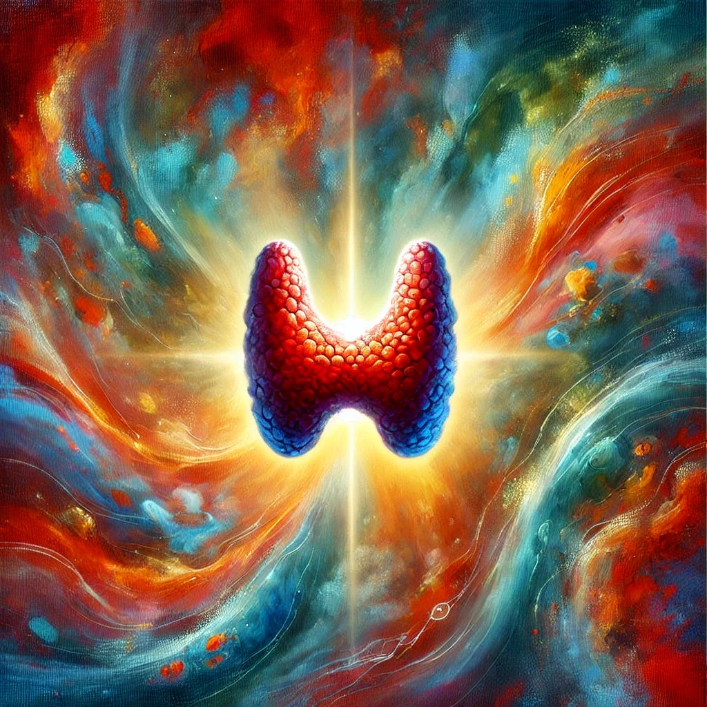 An expressive oil painting of a stylized representation of the thyroid gland set in a vibrant, abstract environment. The thyroid gland is depicted in rich hues of red and orange, symbolizing vitality, surrounded by swirling shades of cool blue and green to represent its systemic impact on body functions like energy, mood, and metabolism. The painting features soft, glowing light radiating from the thyroid gland, creating a sense of healing and warmth. The background is a dynamic, textured composition with fluid shapes, mimicking the interconnectedness of various bodily systems affected by thyroid health.