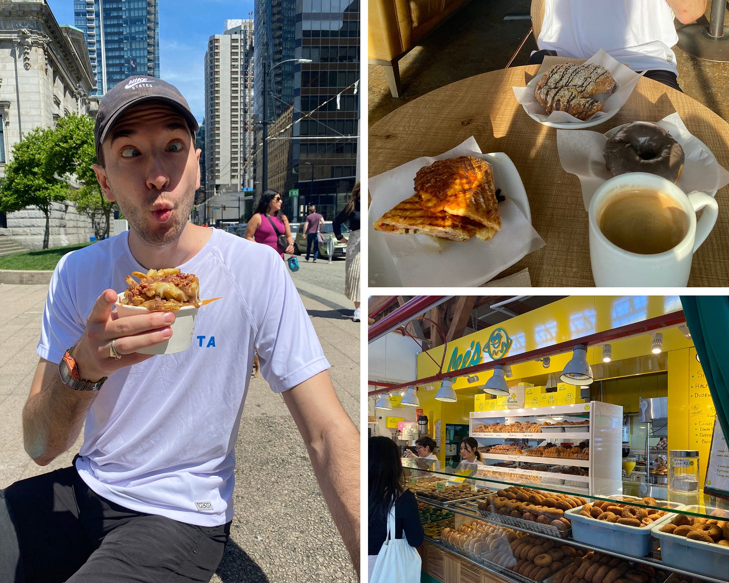 A photo collage of three images featuring food from Vancouver, including poutine, pastries, and Lee's Donuts.