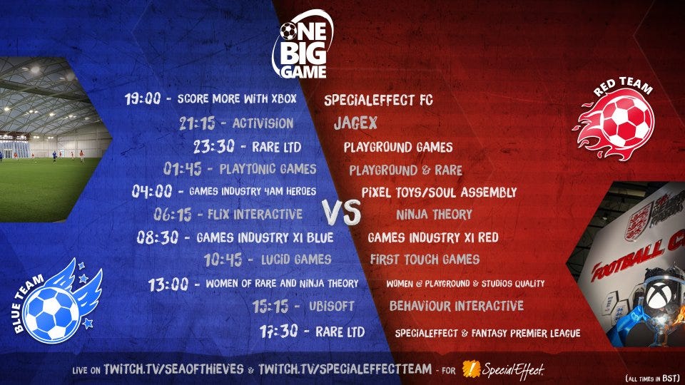 A timetable of the matches in One Big Game. Times BST. 19:00 - Score More with Xbox vs. Special Effect FC. 21:15 - Activision vs. Jagex. 23:30 - Rare Ltd vs Playground Games. 1:45 - Playtonic Games vs. Playground & Rare. 4:00 - Games Industry 4am heroes vs. Pixel Toys/Soul Assembly. 6:15 - Flix Interactive vs. Ninja Theory. 8:30 - Games Industry XI Blue vs. Games Industry XI Red. 10:45 - Lucid Games vs. First Touch Games. 13:00 - Women of Rare and Ninja Theory vs. Women of Playground and Studios Quality. 15:15 - Ubisoft vs. Behaviour Interactive. 17:30 - Rare ltd vs. Special Effect and Fantasy Premier League. Live on Twitch.tv/SeaOfThieves.