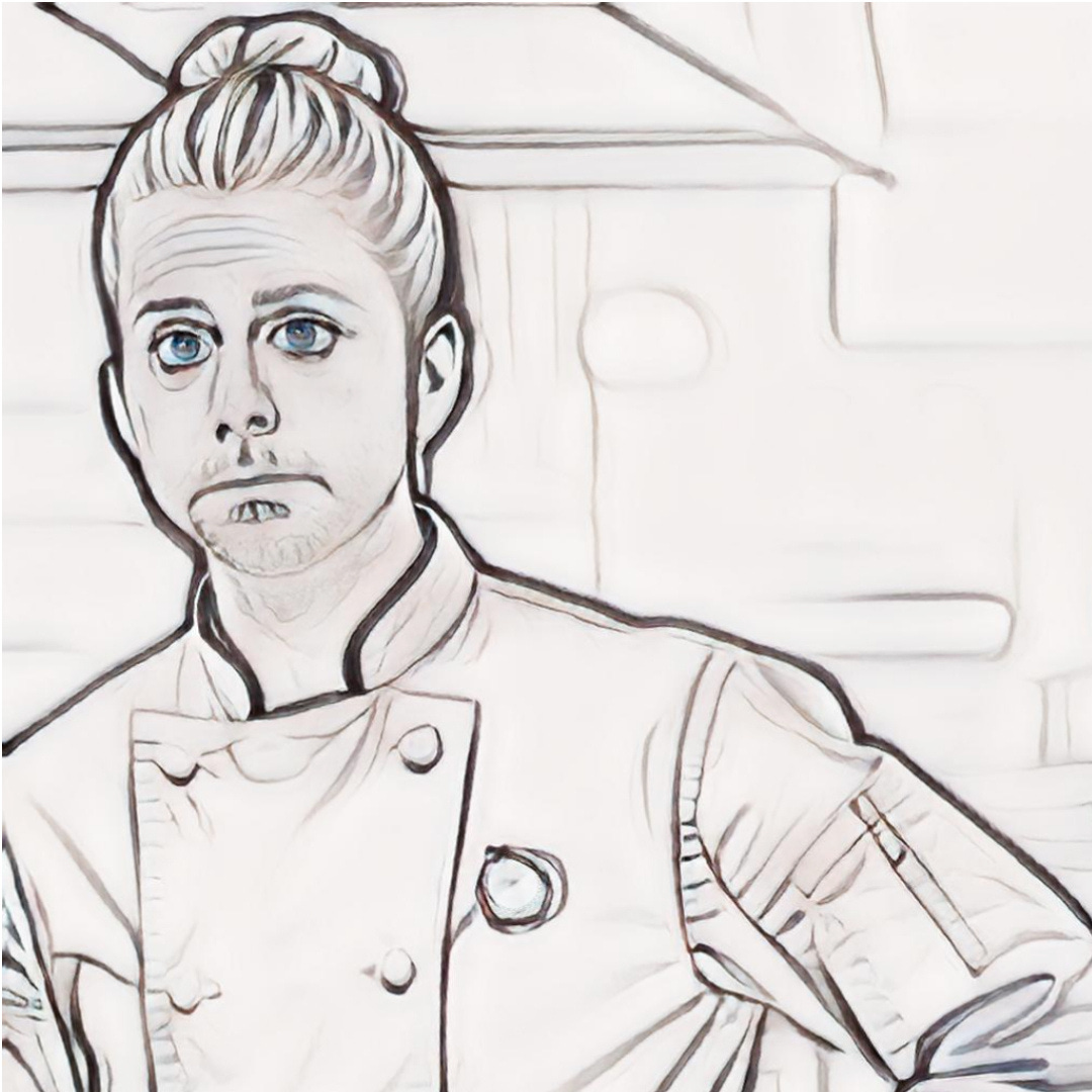 A bemused man in his late 30s in chef whites sporting a bleached blonde man bun.