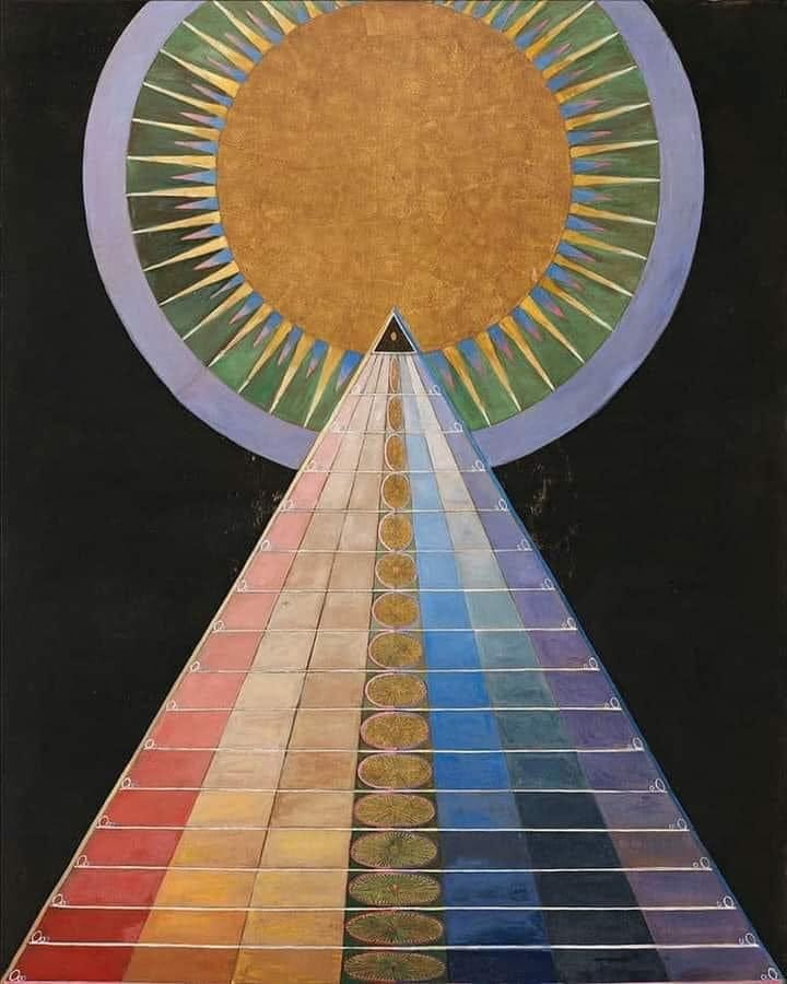 Born on this day…..Hilma af Klint October 26, 1862, Karlberg Palace, Solna, Sweden was a Swedish artist and mystic whose paintings were considered among the first abstract works known in Western art history. A considerable body of her work predates the first purely abstract compositions by Kandinsky and Mondrian.
Af Klint's work can be understood in the wider context of the Modernist search for new forms in artistic, spiritual, political, and scientific systems at the beginning of the twentieth century. There was a similar interest in spirituality by other artists during this same period, including Wassily Kandinsky, Piet Mondrian, Kasimir Malevitch, and the French Nabis, in which many, like af Klint, were inspired by the Theosophical Movement. However, the artistic transition to abstract art and the nonfigurative painting of Hilma af Klint would occur without any contacts with the contemporary modern movements. Hilma af Klint was fully aware of the magnitude of her work. It was never meant to be simply visual. The message encrypted within the work is her legacy. The abstract work and the meaning within were so groundbreaking that she felt the world was not ready to see it, and she wished for the work to remain unseen for 20 years after her death which was in 1944.

Group X, No. 1, Altarpiece [Grupp X, nr 1, Altarbild], 1915 See less