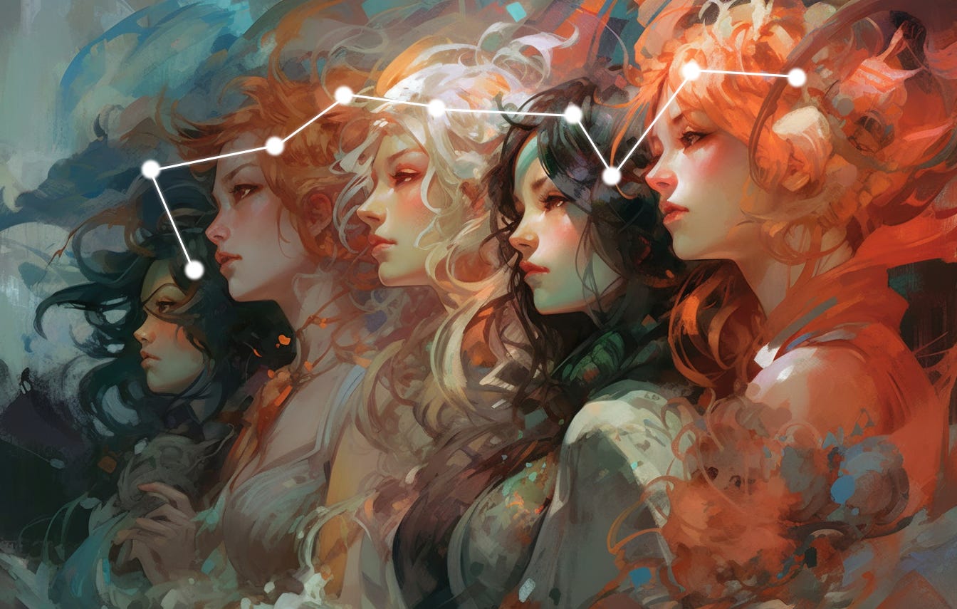 The image portrays a captivating artwork of multiple female figures seamlessly blended together. Their faces are intricately detailed and expressive, with each one exhibiting a unique hairstyle and color palette. The artwork showcases a harmonious mix of colors, from deep blues and greens to vibrant oranges and golds. The soft brushstrokes give the image a dreamlike quality, and the play of light and shadow adds depth. Overlaying the figures is a series of white dots connected by lines, forming a constellation-like pattern. The overall feeling is ethereal and mesmerizing, suggesting a blend of fantasy and realism.