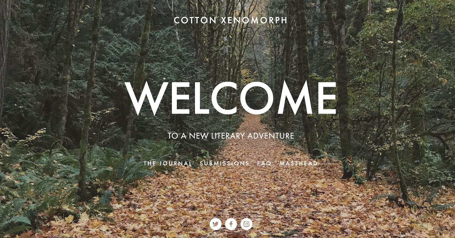 the Cotton Xenomorph landing page, a fallen-leafed trail in a woods that looks more like a liminal space than jaunty hike, and reads "WELCOME TO A NEW LITERARY ADVENTURE"
