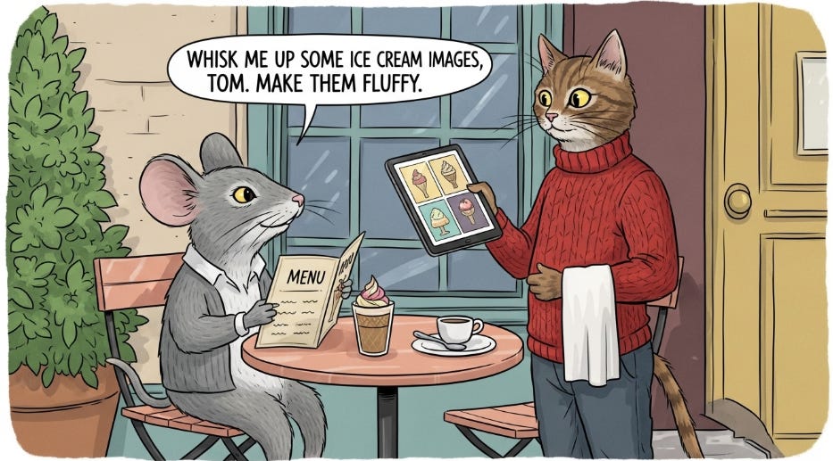 Whisk image for the following prompt: "Cartoon image of a mouse sitting at an outdoor bistro table holding a menu. The mouse looks up from the menu and says "Whisk me up some ice cream images, Tom. Make them fluffy!" The waiter is a cat in a red sweater, standing next to the table and holding a tablet with pictures of ice cream on it."