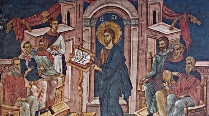This image has an empty alt attribute; its file name is christ-preaching-in-the-synagogue-at-nazareth-14th-c-fresco-visoki-decani-monastery-kosovo.webp