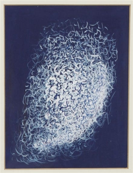 Artwork by Mark Tobey, white writing, Made of gouache on paper