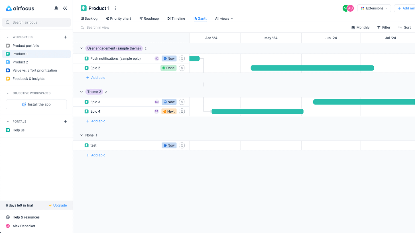 alex debecker airfocus single product gantt chart