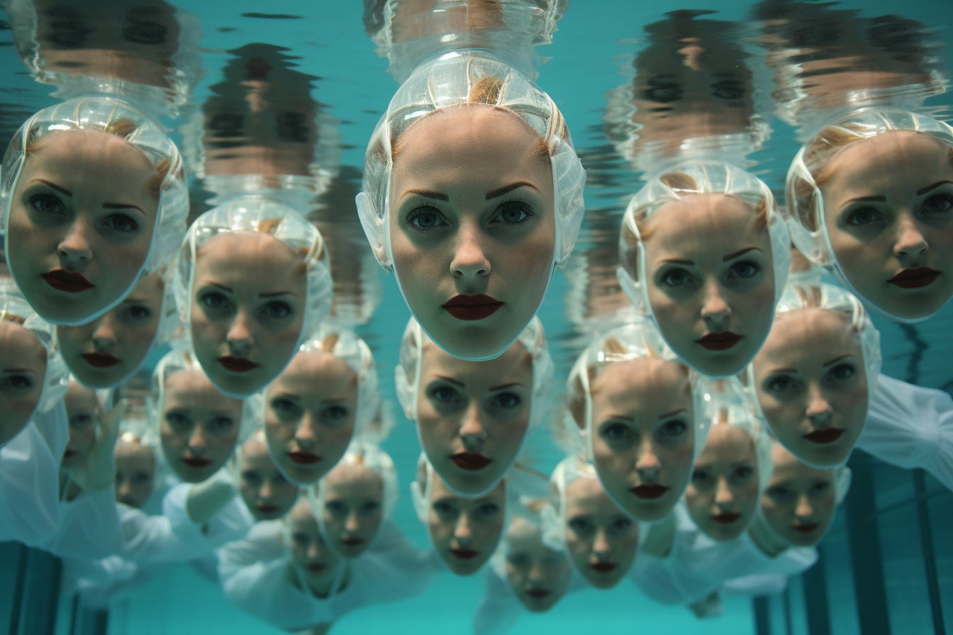 A bunch of disembodied heads floating in the water. Result for a Midjourney prompt "synchronized swimming."