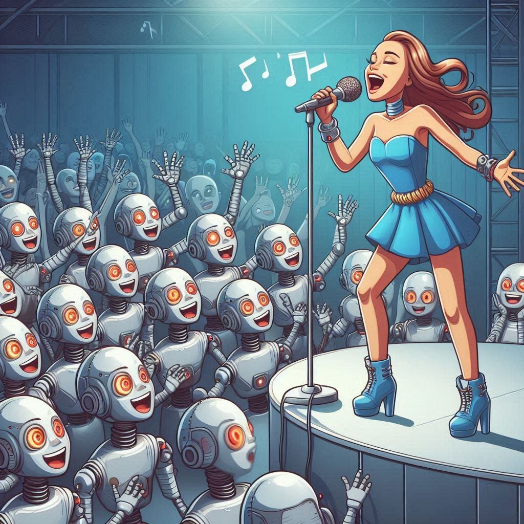 A narcissistic pop star singing to her NPC fans about how awesome she is. Her songs sound better when you don’t know the words.